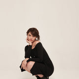 hello ronron | Sylvie Dress Black | Button-embellished off-shoulder ribbed knit midi dress