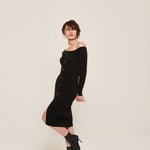 hello ronron | Sylvie Dress Black | Button-embellished off-shoulder ribbed knit midi dress