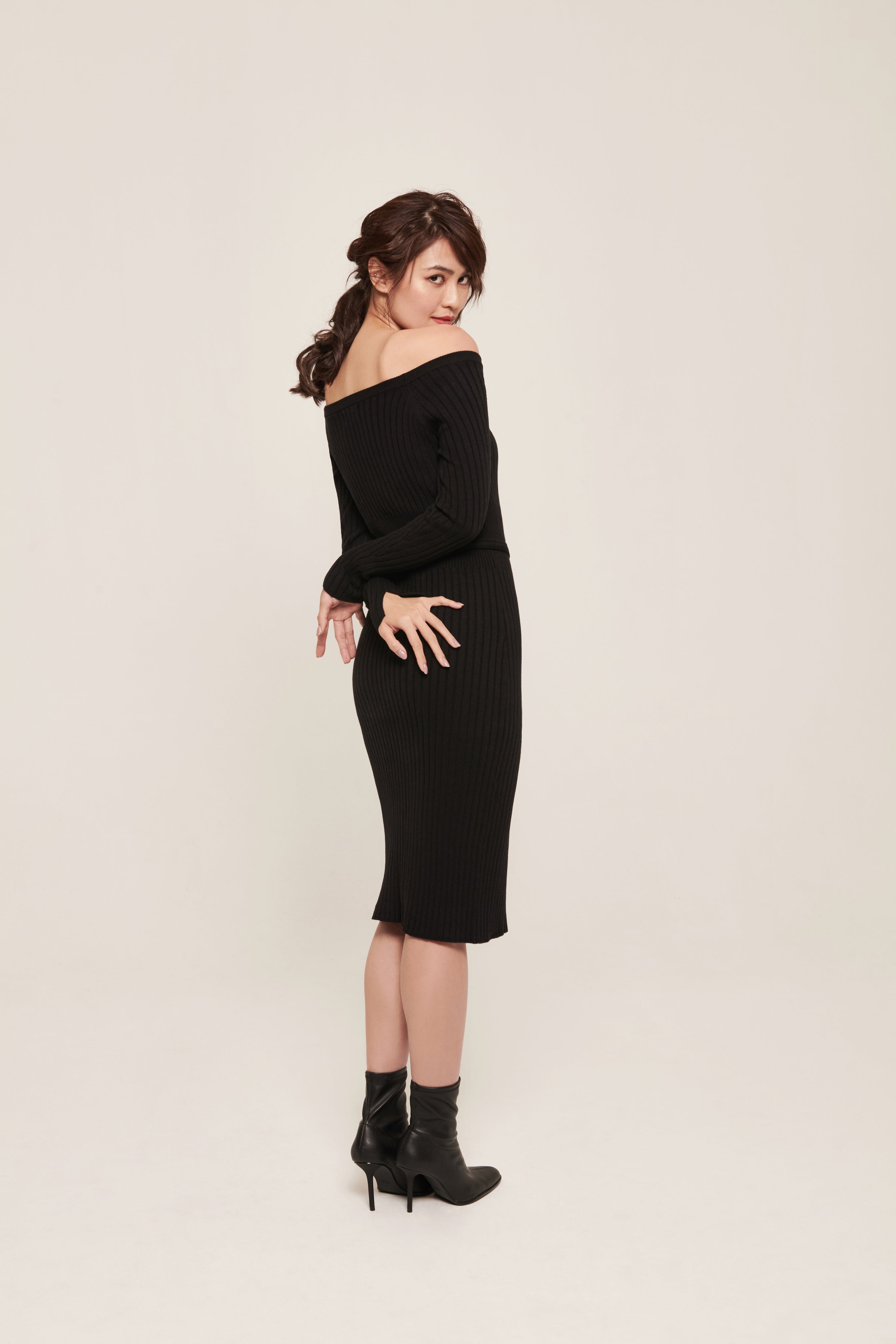 Sylvie Dress Black Button embellished off shoulder ribbed knit