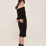 hello ronron | Sylvie Dress Black | Button-embellished off-shoulder ribbed knit midi dress
