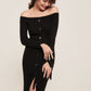 hello ronron | Sylvie Dress Black | Button-embellished off-shoulder ribbed knit midi dress