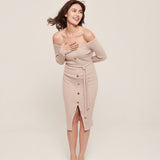 hello ronron | Sylvie Dress Cream | Button-embellished off-shoulder ribbed knit midi dress