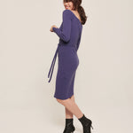 hello ronron | Sylvie Dress Very Peri | Button-embellished off-shoulder ribbed knit midi dress