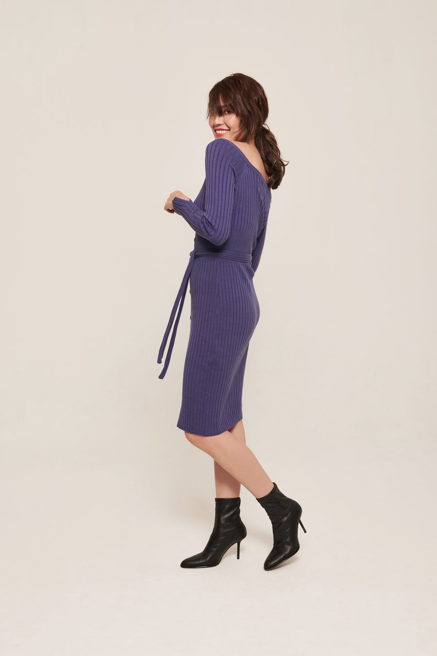 hello ronron | Sylvie Dress Very Peri | Button-embellished off-shoulder ribbed knit midi dress