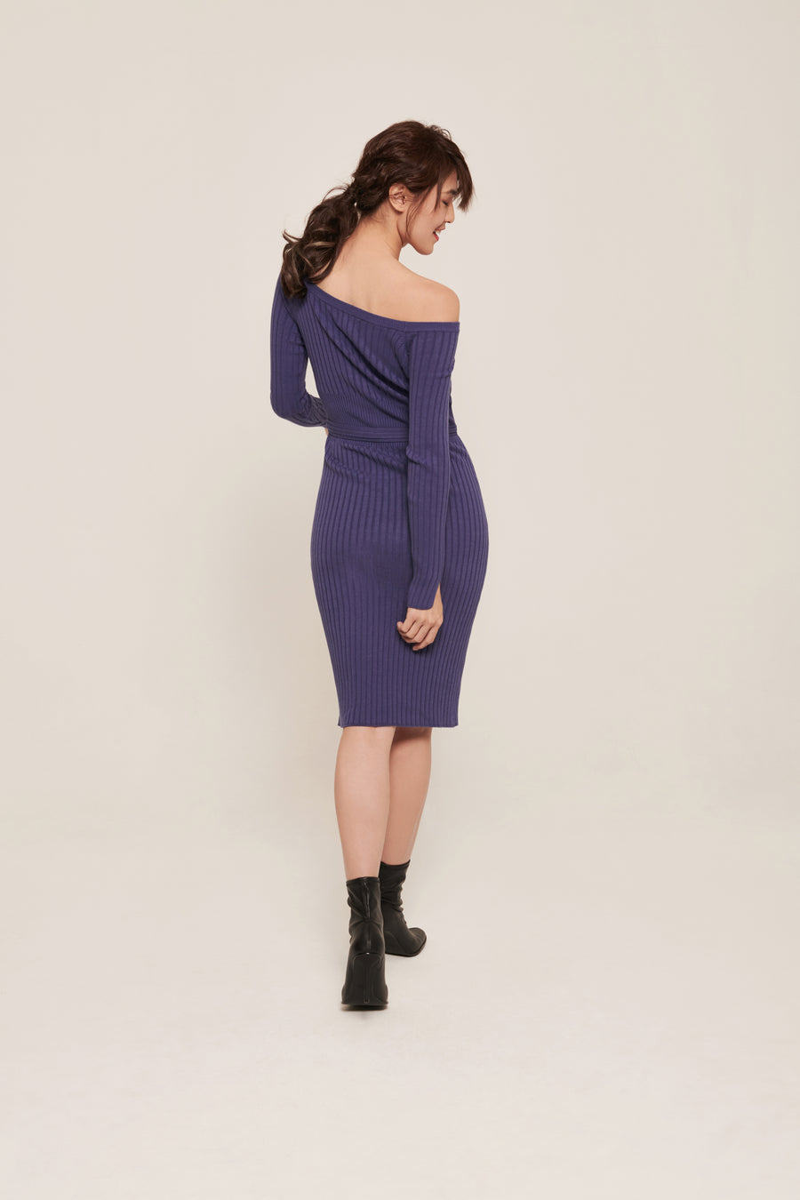 hello ronron | Sylvie Dress Very Peri | Button-embellished off-shoulder ribbed knit midi dress