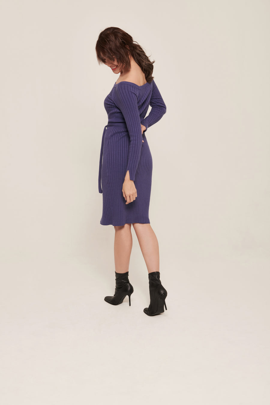 hello ronron | Sylvie Dress Very Peri | Button-embellished off-shoulder ribbed knit midi dress