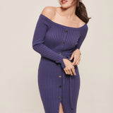 hello ronron | Sylvie Dress Very Peri | Button-embellished off-shoulder ribbed knit midi dress