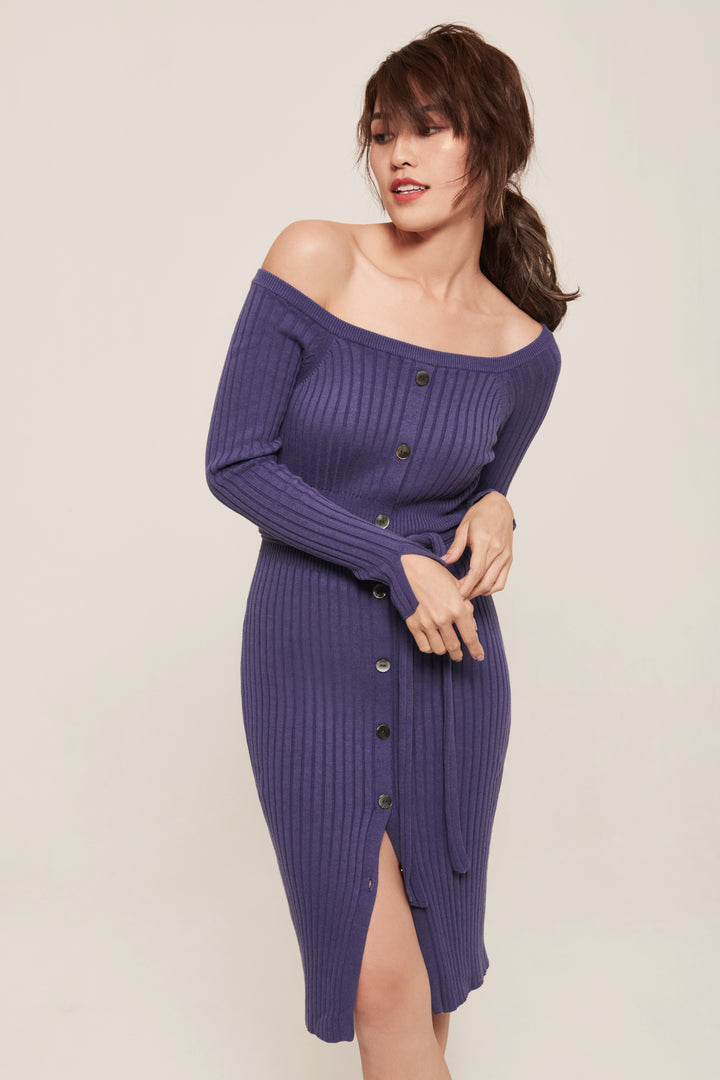 hello ronron | Sylvie Dress Very Peri | Button-embellished off-shoulder ribbed knit midi dress