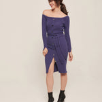 hello ronron | Sylvie Dress Very Peri | Button-embellished off-shoulder ribbed knit midi dress