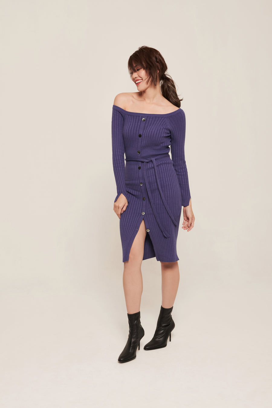 hello ronron | Sylvie Dress Very Peri | Button-embellished off-shoulder ribbed knit midi dress
