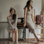 hello ronron | Angelique Dress Taupe | V-neck braided cable knit midi dress