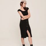 hello ronron | Sylvie Skirt Black | Button-embellished ribbed knit midi skirt