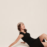 hello ronron | Sylvie Skirt Black | Button-embellished ribbed knit midi skirt
