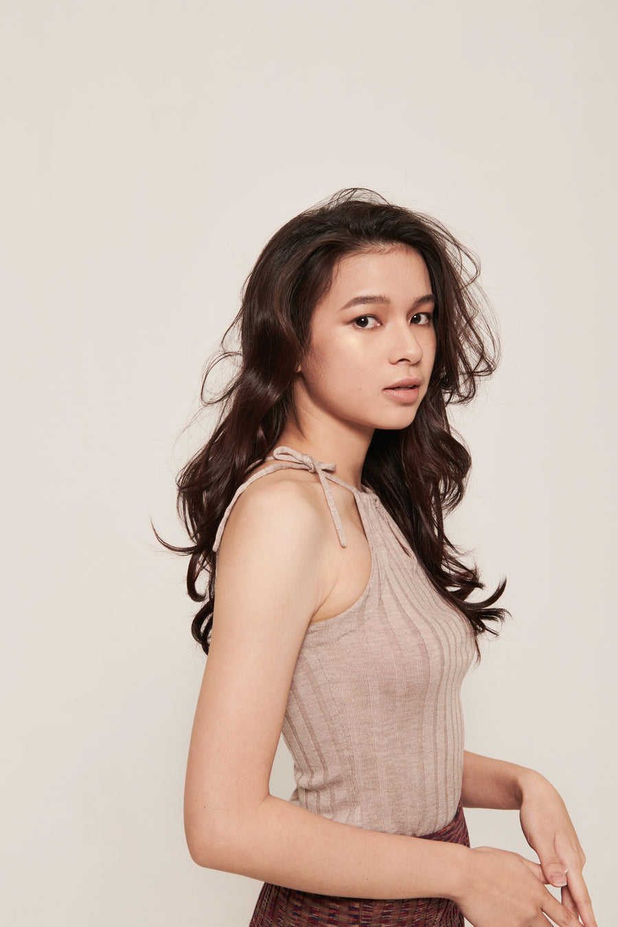 hello ronron | Rosa Top Latte | Tie-detailed ribbed knit halter top