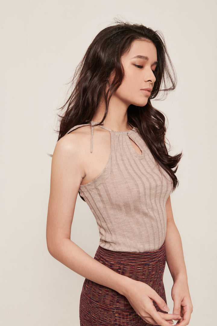 hello ronron | Rosa Top Latte | Tie-detailed ribbed knit halter top