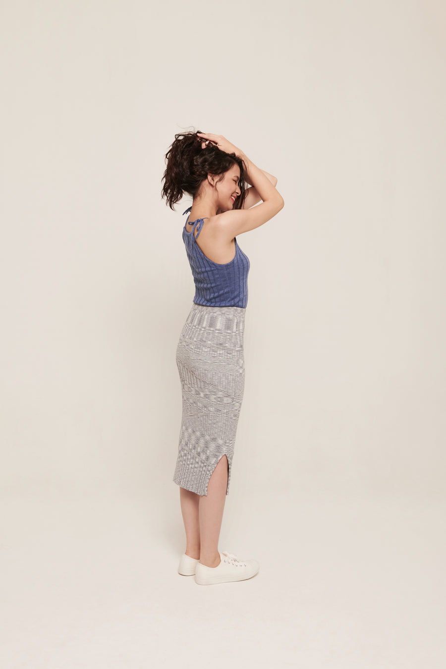 hello ronron | Hera Skirt Cloud | Mouliné ribbed knit midi skirt