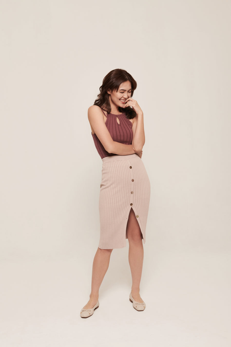 hello ronron | Rosa Top Rose | Tie-detailed ribbed knit halter top