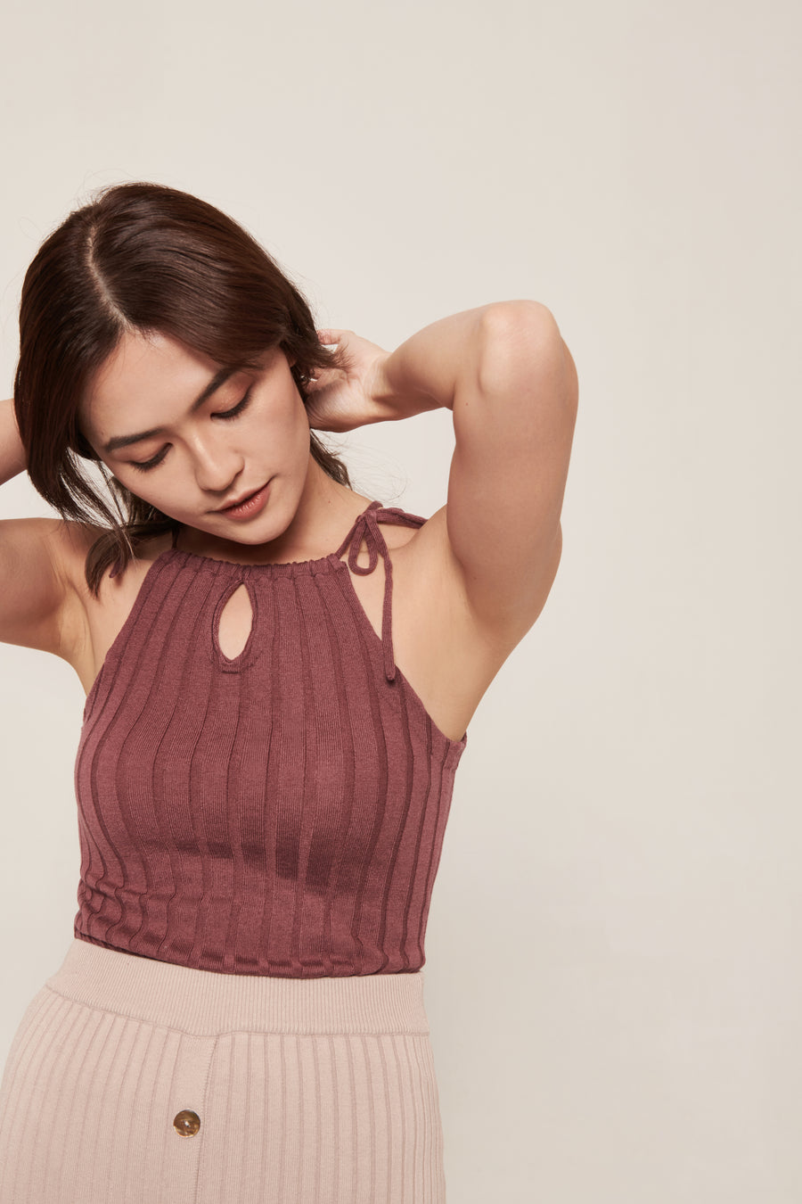 hello ronron | Rosa Top Rose | Tie-detailed ribbed knit halter top