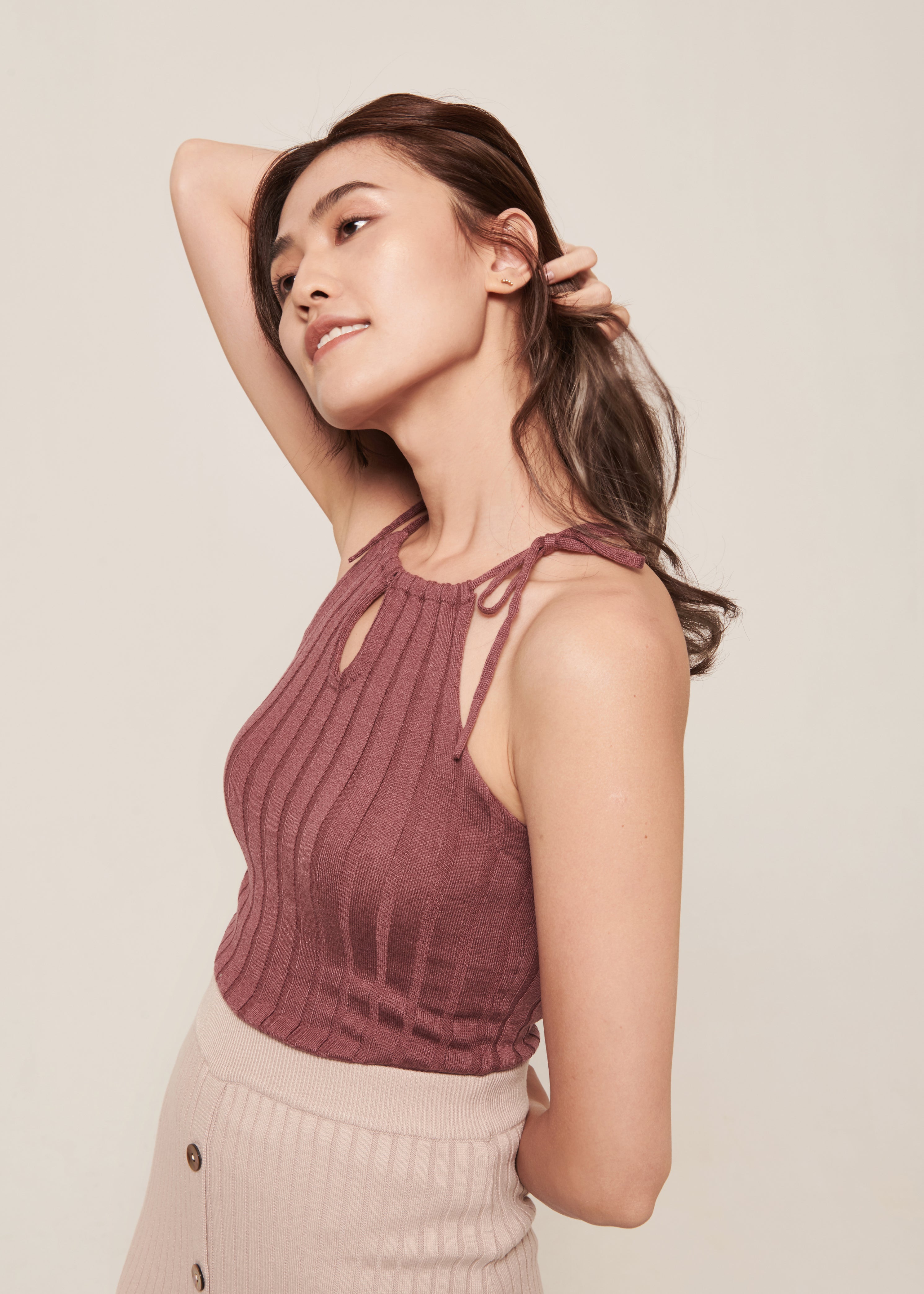 hello ronron | Rosa Top Rose | Tie-detailed ribbed knit halter top
