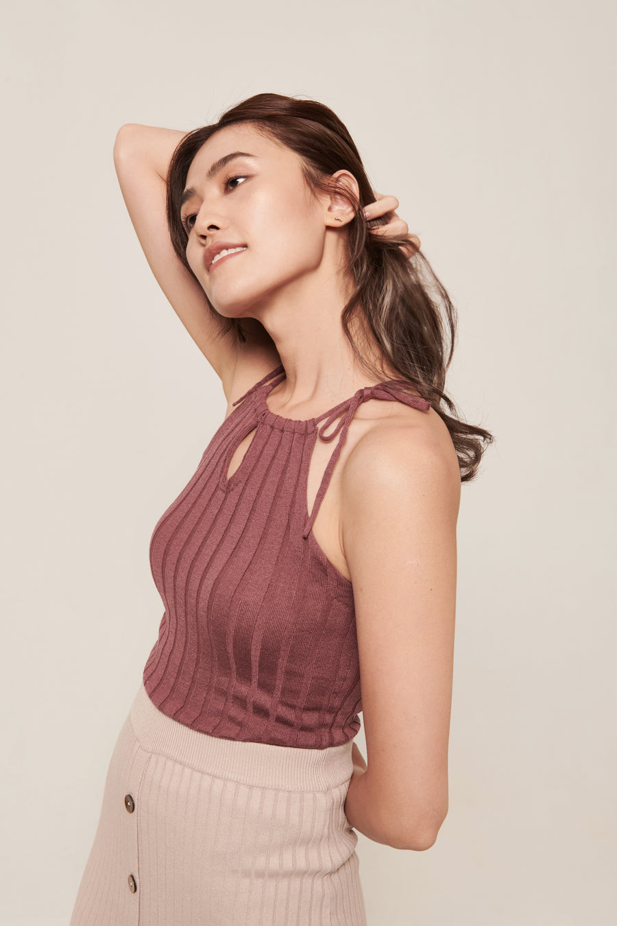 hello ronron | Rosa Top Rose | Tie-detailed ribbed knit halter top