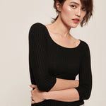 hello ronron | Agnes Top Black | Scoop neck cable ribbed knit top