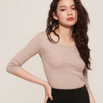 hello ronron | Agnes Top Latte | Scoop neck cable ribbed knit top