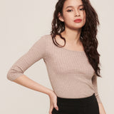 hello ronron | Agnes Top Latte | Scoop neck cable ribbed knit top