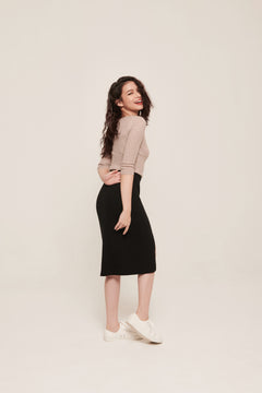 hello ronron | Agnes Top Latte | Scoop neck cable ribbed knit top