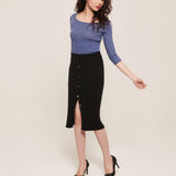 hello ronron | Sylvie Skirt Black | Button-embellished ribbed knit midi skirt