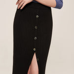 hello ronron | Sylvie Skirt Black | Button-embellished ribbed knit midi skirt