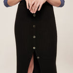 hello ronron | Sylvie Skirt Black | Button-embellished ribbed knit midi skirt